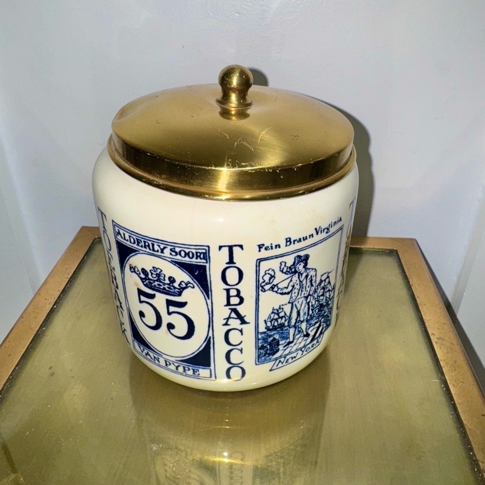 Vintage Delft Royal Goedewaagen Tobacco Ginger Jar w/ Brass Lid